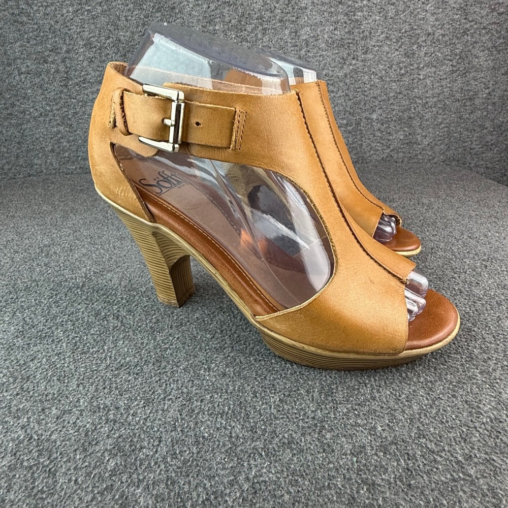 Sofft Womens 6M Luggage Tan Leather Peep Toe‎ Buckle Platform Sandals